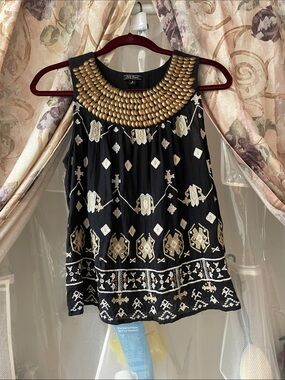 Lucky Brand embellished Black Tank with Gold Embellished Yoke